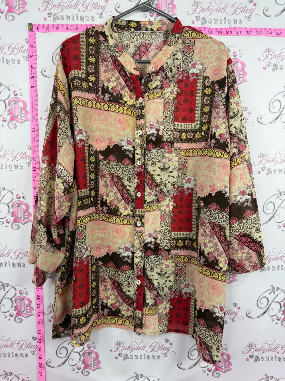 Blouse button up Bohemian Patchwork Button-Up Blouse - Red & Cream